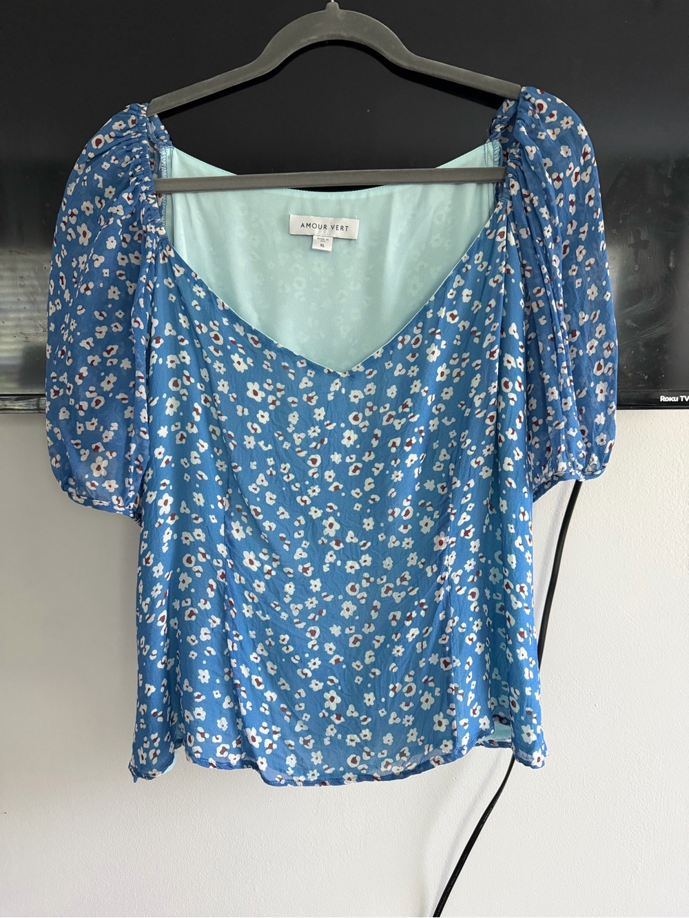 Amour Vert Blue Floral Puff-Sleeve V-Neck Top